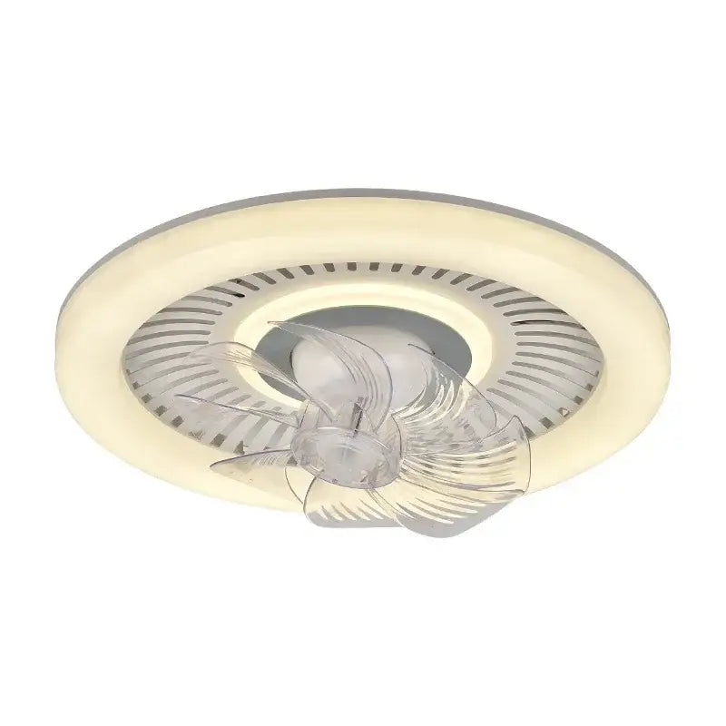 Modern white ceiling fan with rotating air supply, integrated led light, sleek circular design, and transparent blades
