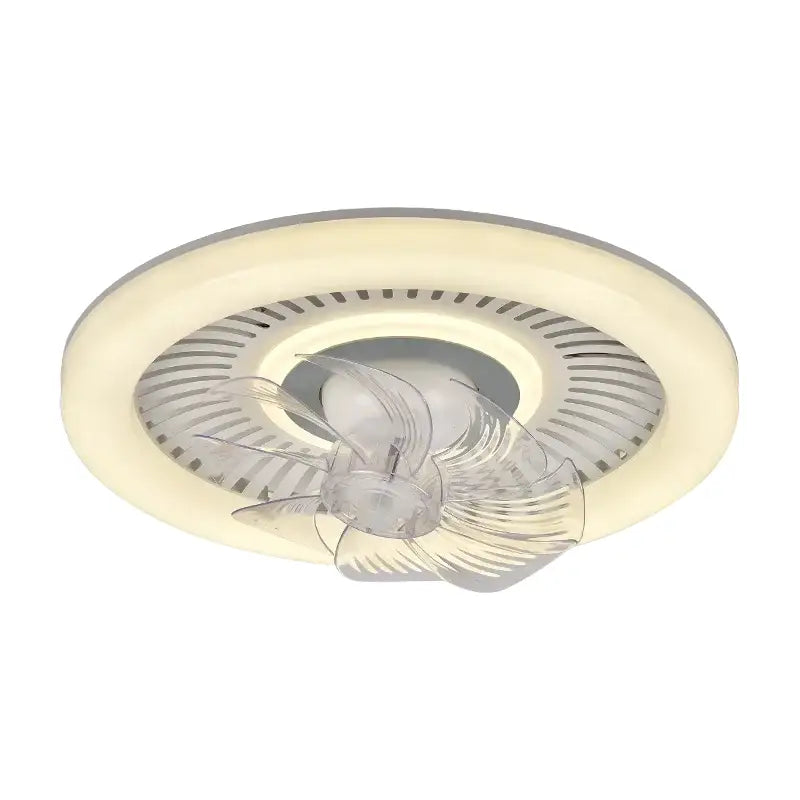 Cream-colored circular ceiling fan with transparent blades and integrated led lighting for rotating air supply