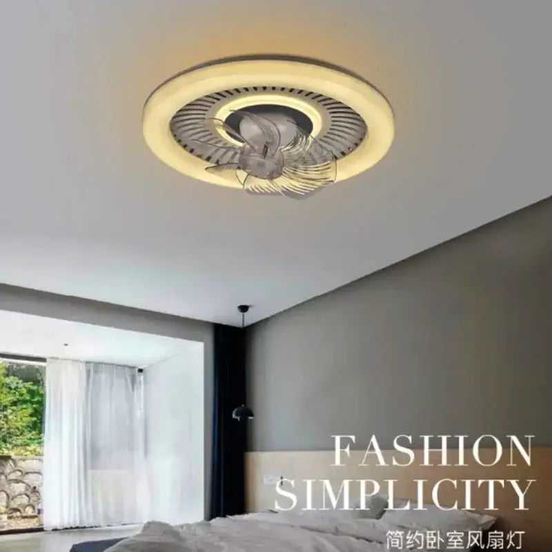 Modern white ceiling fan with rotating air supply featuring a sleek metallic finish and translucent diffuser rings