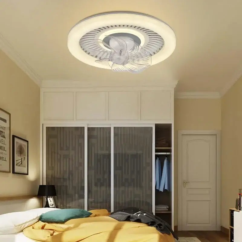 Modern white ceiling fan with integrated led lighting and sleek circular design for rotating air supply in bedroom