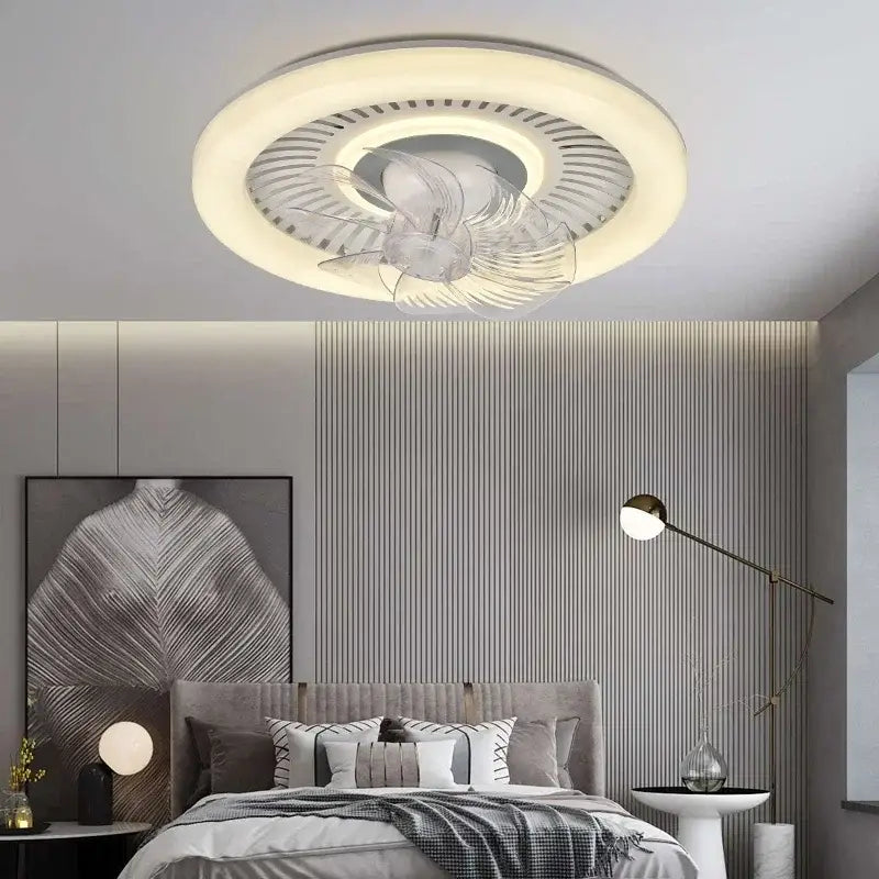 Modern white ceiling fan with rotating air supply featuring translucent acrylic blades and integrated led light for bedroom use