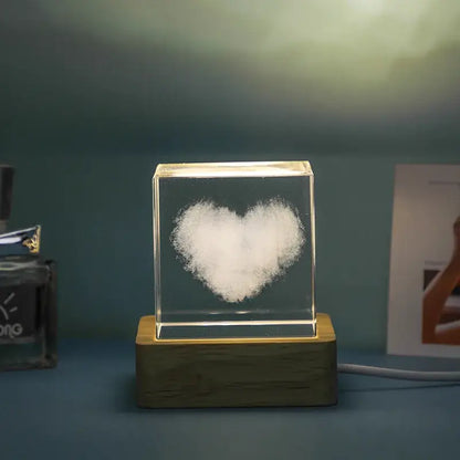 Decorbites 3d moon glass cube night light with a clear crystal cube and illuminated white heart on wooden base