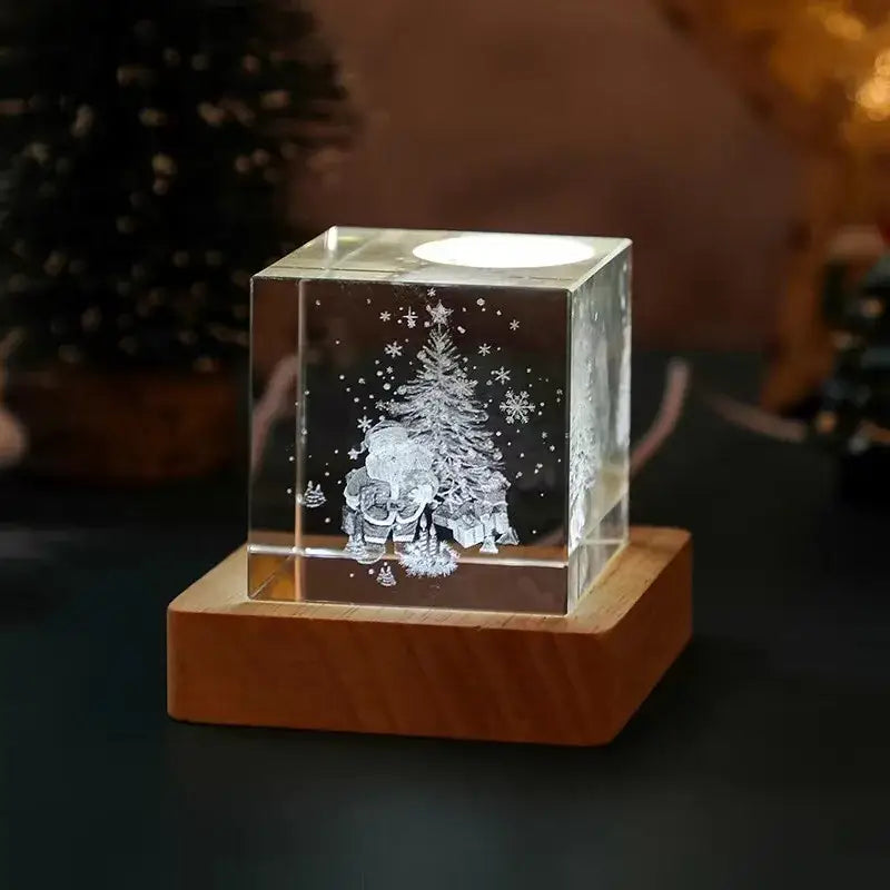 Clear crystal glass cube night light by decorbites 3d moon featuring laser-engraved christmas scene with tree and figures