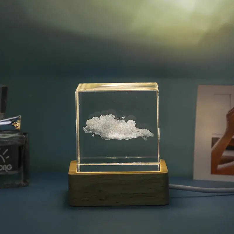 Decorbites 3d moon glass cube night light with etched white cloud and warm led light on wooden base for bedroom decor