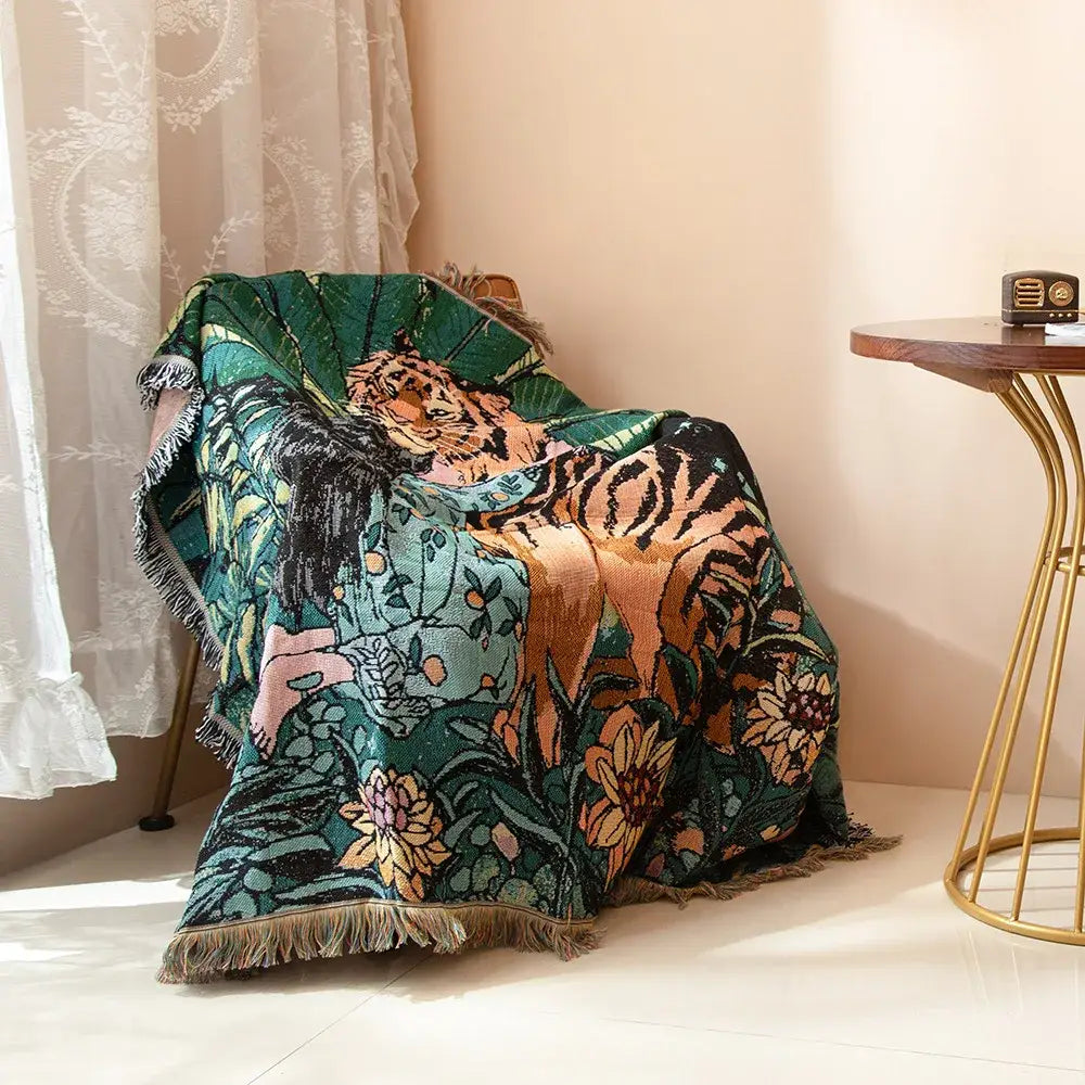 A vibrant green decorbites 3d print tiger linen blanket featuring detailed tiger design and fringed edges