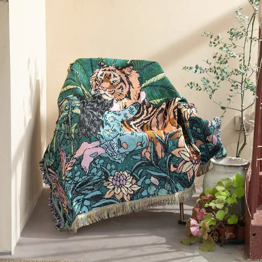 Decorbites 3d print tiger linen blanket features a vibrant woven tiger design with teal orange pink hues and fringed edges