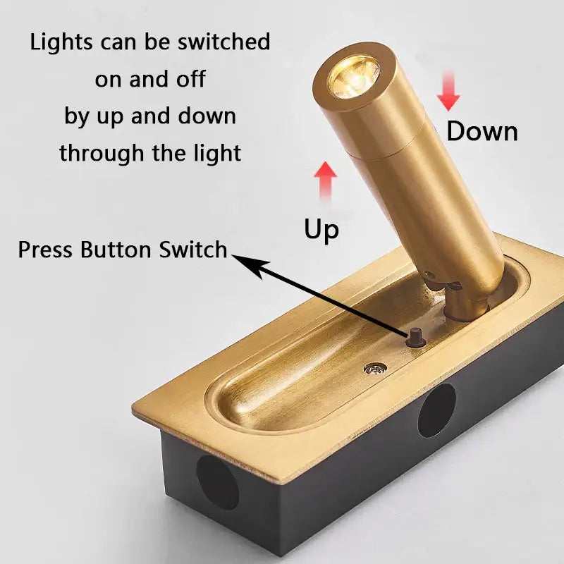 Modern brass and black led mounted headboard wall light with adjustable gold-finished cylindrical spotlight decorbites 3w led