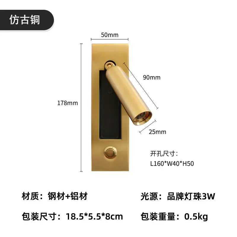 A sleek golden-finished antique brass wall light with a cylindrical head and rectangular base for led mounted headboard