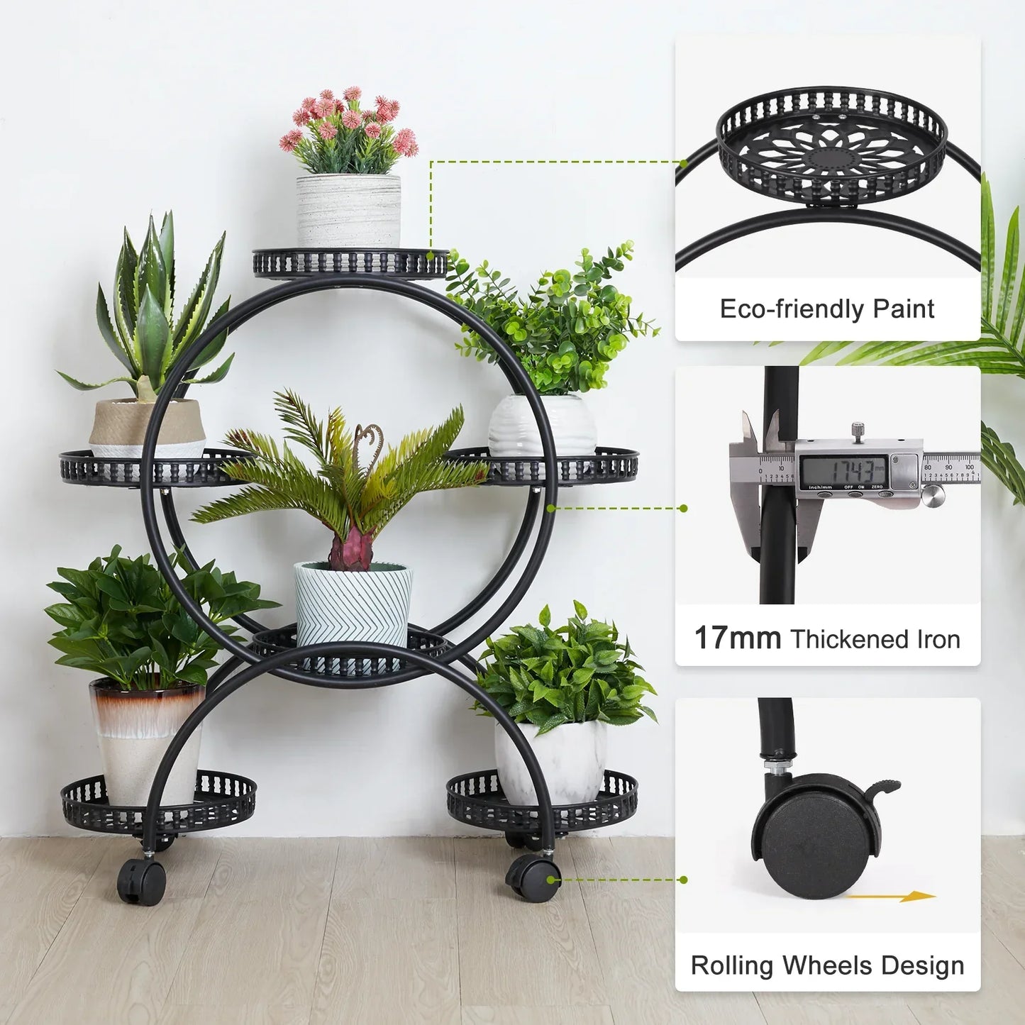 Black metal plant stand shelf with circular tiers and 4 rolling wheels for indoor plant display by decorbites