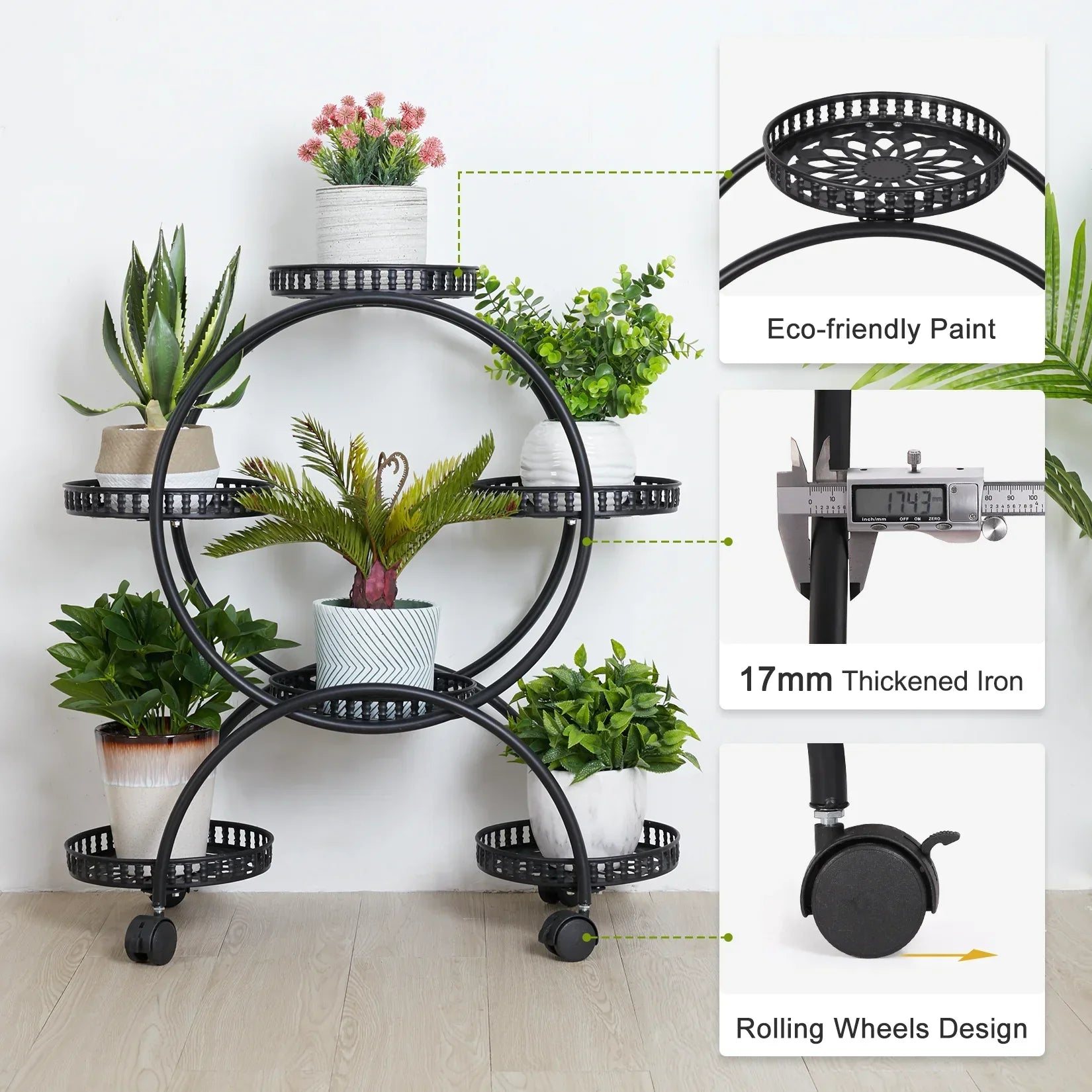 Black metal plant stand shelf with circular tiers and 4 rolling wheels for indoor plant display by decorbites