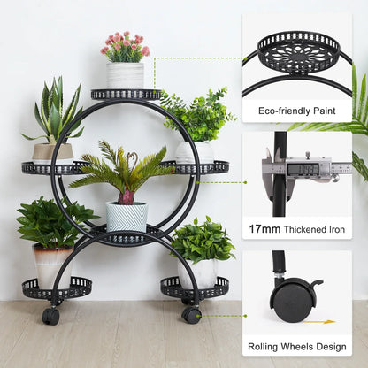 Black metal plant stand shelf with circular tiers and 4 rolling wheels for indoor plant display by decorbites