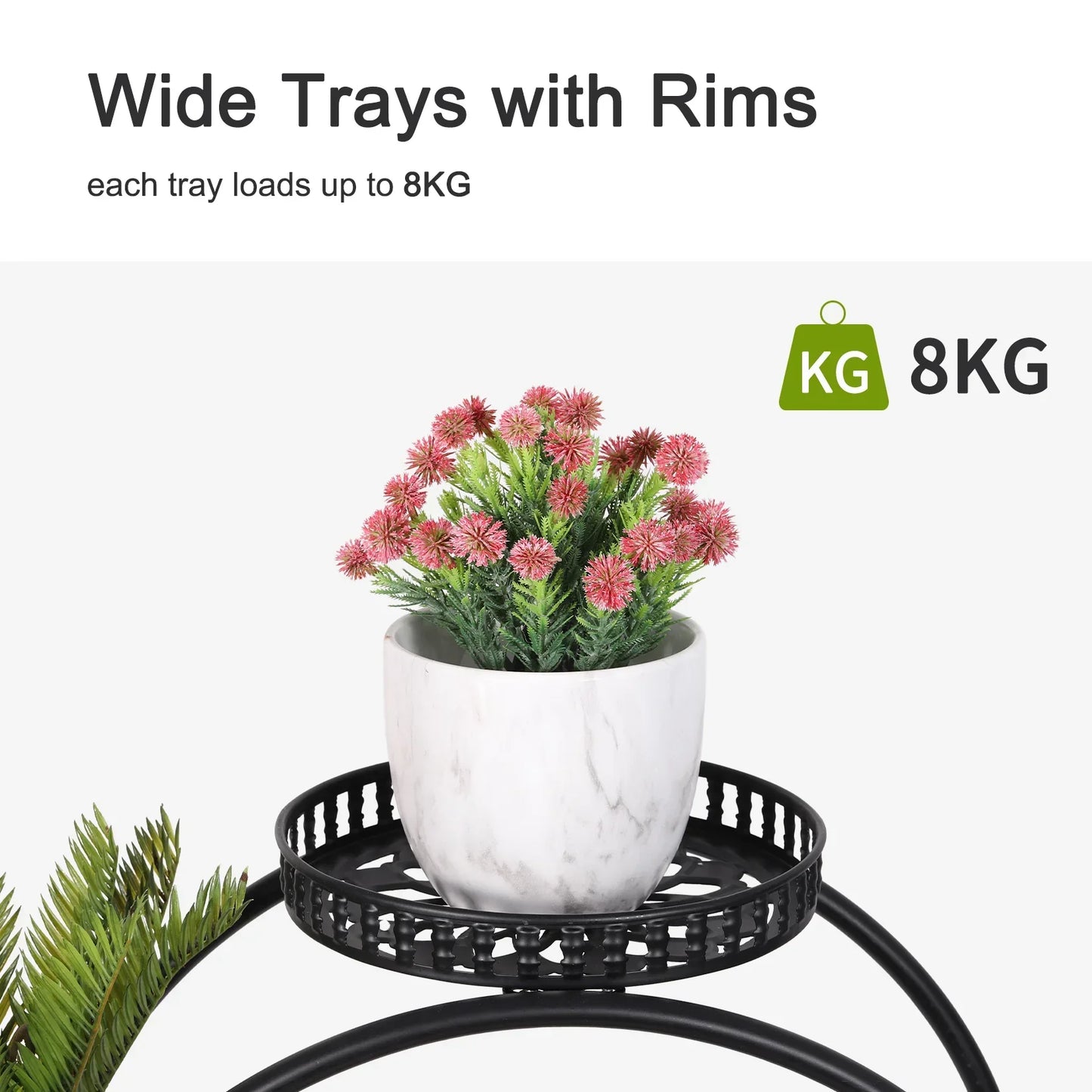 Decorbites 4-wheel plant stand shelf with white marble-patterned ceramic pot and pink spiky flowers display