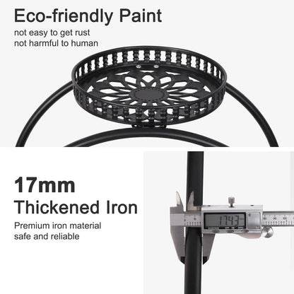 Black metal plant stand shelf with ornate circular floral tray and thick 17mm iron legs for multiple pots by decorbites