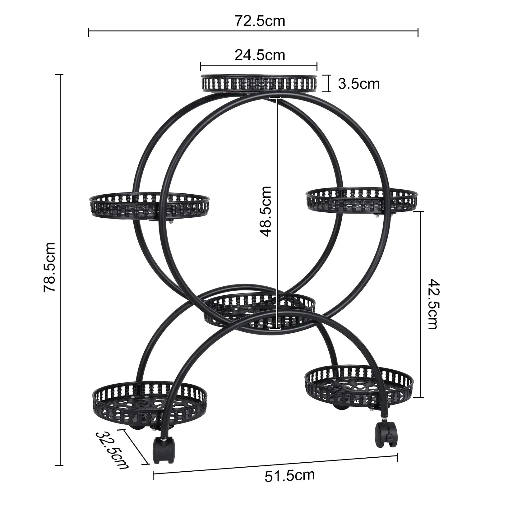 Black metal plant stand shelf with five circular tiers and caster wheels by decorbites for indoor plant display