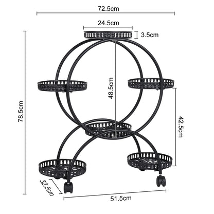 Black metal plant stand shelf with five circular tiers and caster wheels by decorbites for indoor plant display