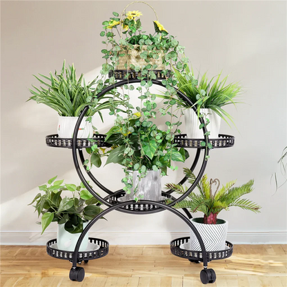 Black metal plant stand shelf with circular tiers and 4 wheels for easy mobility by DecorBites™