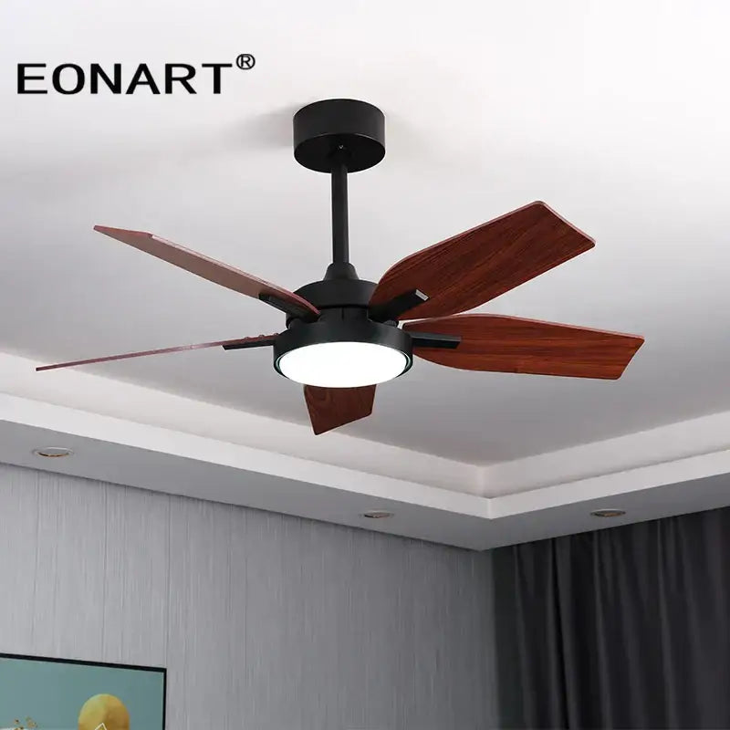 Modern black eonart ceiling fan with five wooden blades and central led light fixture with remote control for bedroom