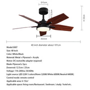 Modern black and white led ceiling fan with wooden blades and remote control for bedroom lighting in three color modes