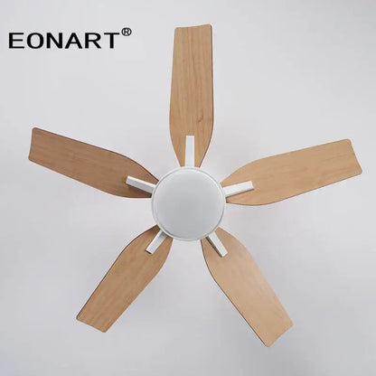 Eonart modern black and white led ceiling fan with remote control and five light wooden blades for bedroom use