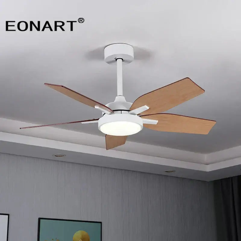 Eonart modern black and white led ceiling fan with remote control features white housing and light brown wooden blades