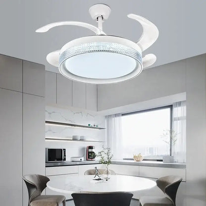 White crystal 48inch invisible chandelier ceiling fan with integrated led light and decorative crystal ring for bedroom