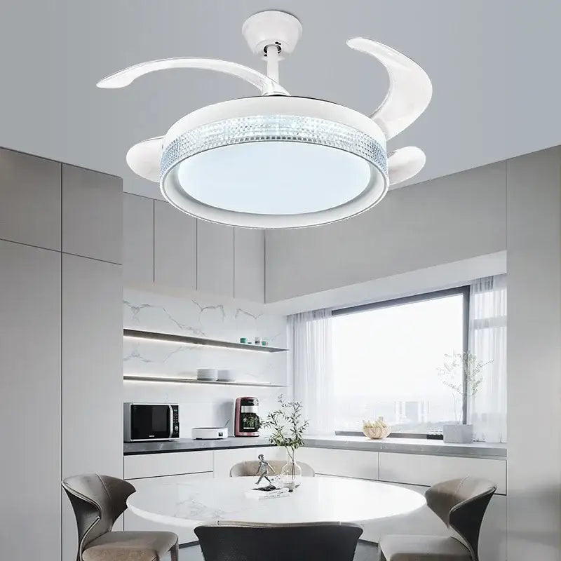White crystal 48inch invisible chandelier ceiling fan with integrated led light and decorative crystal ring for bedroom