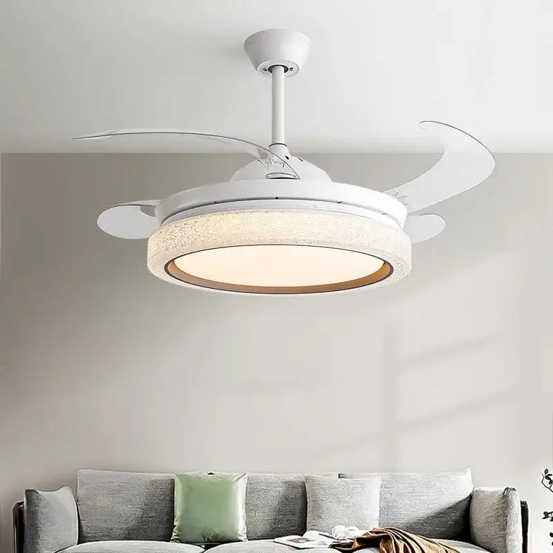 White crystal 48inch invisible chandelier ceiling fan with integrated led light and sleek curved white blades for bedroom use