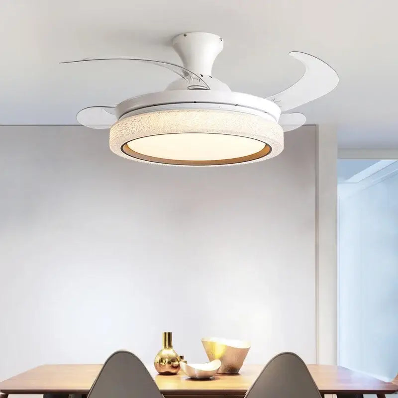 White crystal 48inch invisible chandelier ceiling fan with led light featuring sleek curved blades and textured lamp housing