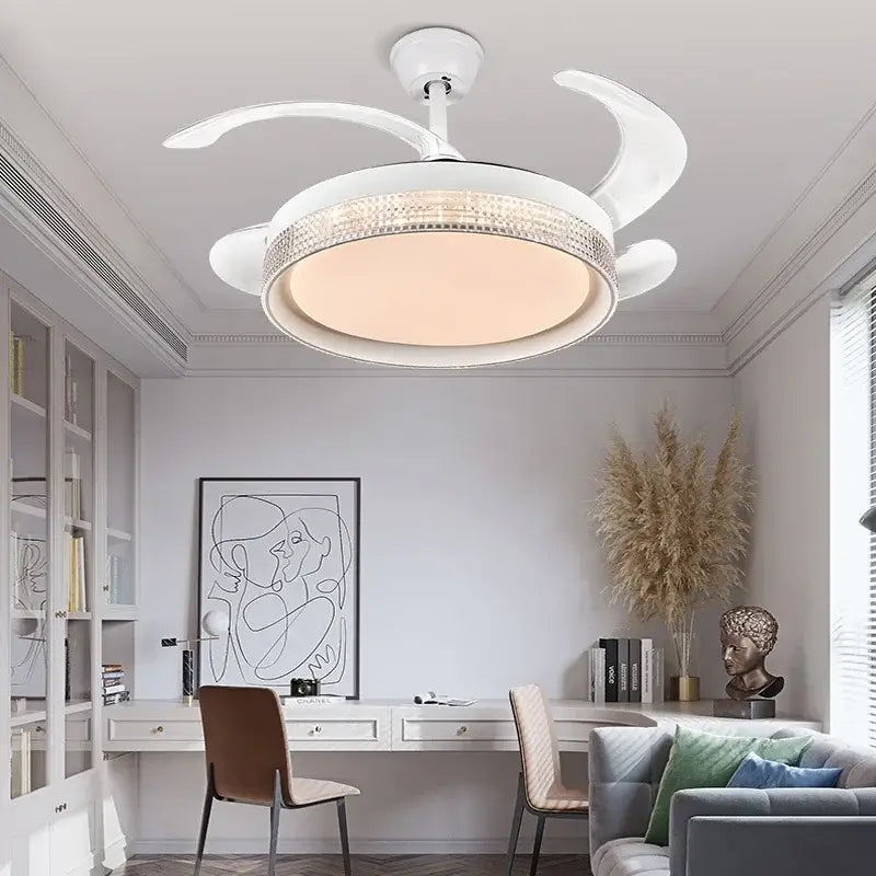 White crystal 48inch invisible chandelier ceiling fan with integrated led light and decorative crystal trim for bedroom