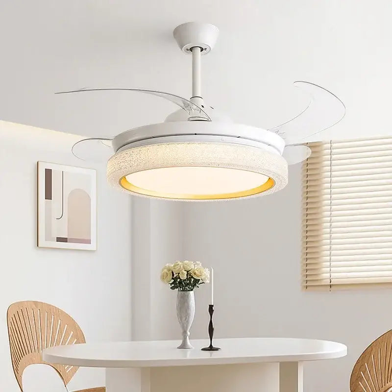 White crystal 48inch invisible chandelier ceiling fan with led light and textured frosted glass shade for bedroom