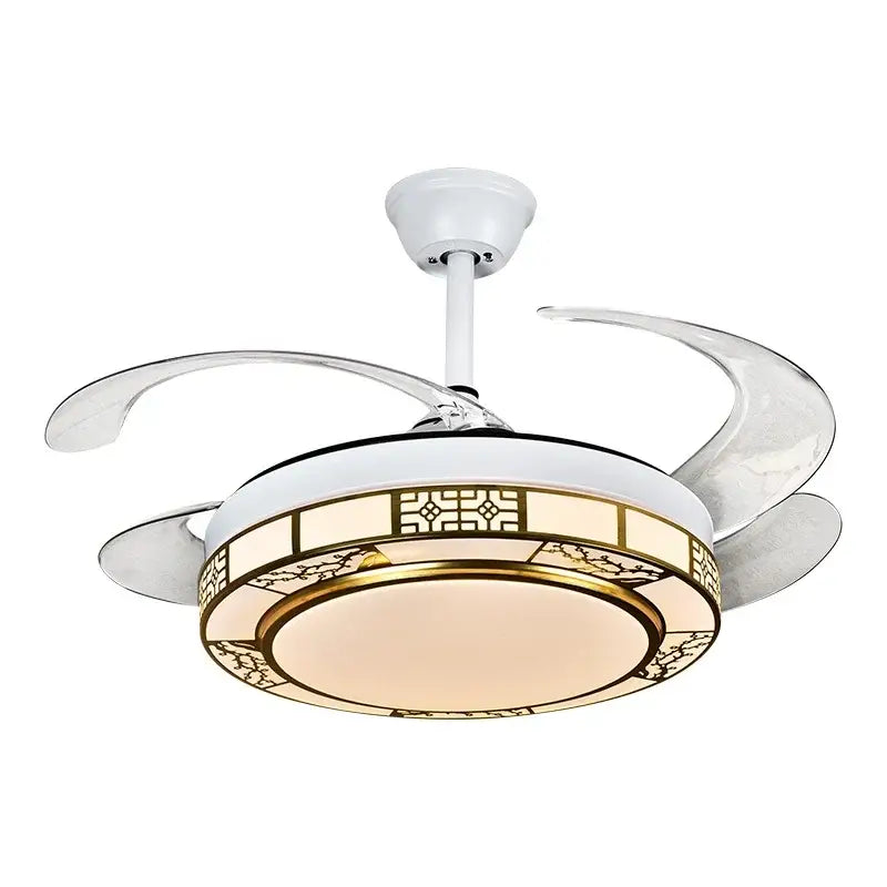 Modern geometric gold led ceiling fan with white body, silver blades, and dimmable decorative light for living room