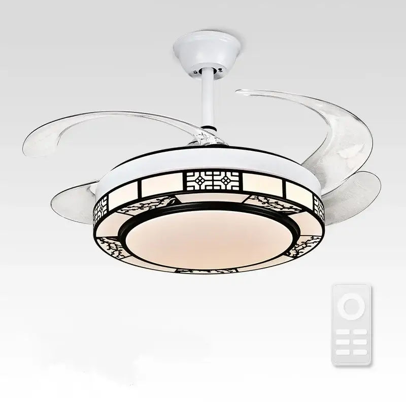 Modern geometric gold led ceiling fan with transparent curved blades and black patterned decorative light fixture
