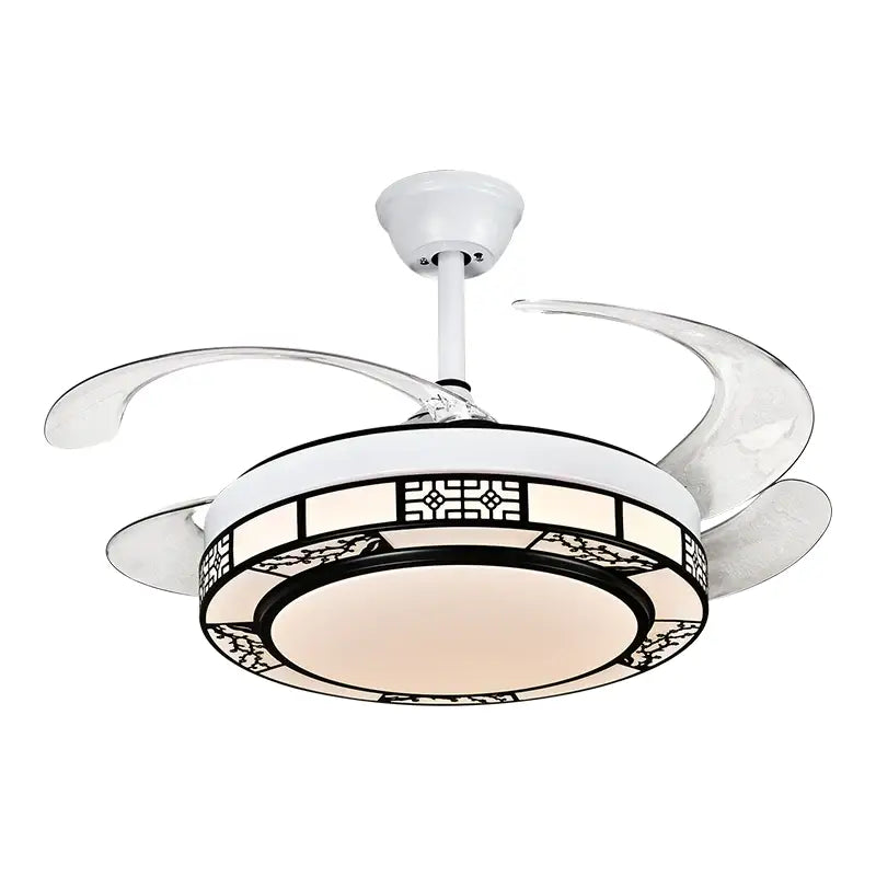 Modern geometric gold led ceiling fan with white translucent curved blades and decorative black patterned lamp housing