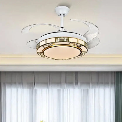Modern geometric gold led ceiling fan with white translucent blades and dimmable living room led ceiling light fixture