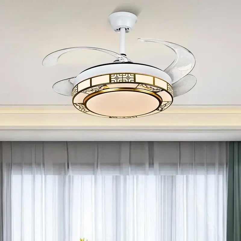 Modern geometric gold led ceiling fan with white translucent blades and dimmable living room led ceiling light fixture