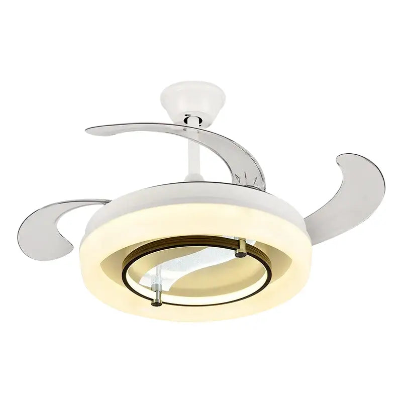 Modern white retractable fan chandelier ceiling fan with chrome finish and integrated led lighting for bedroom use