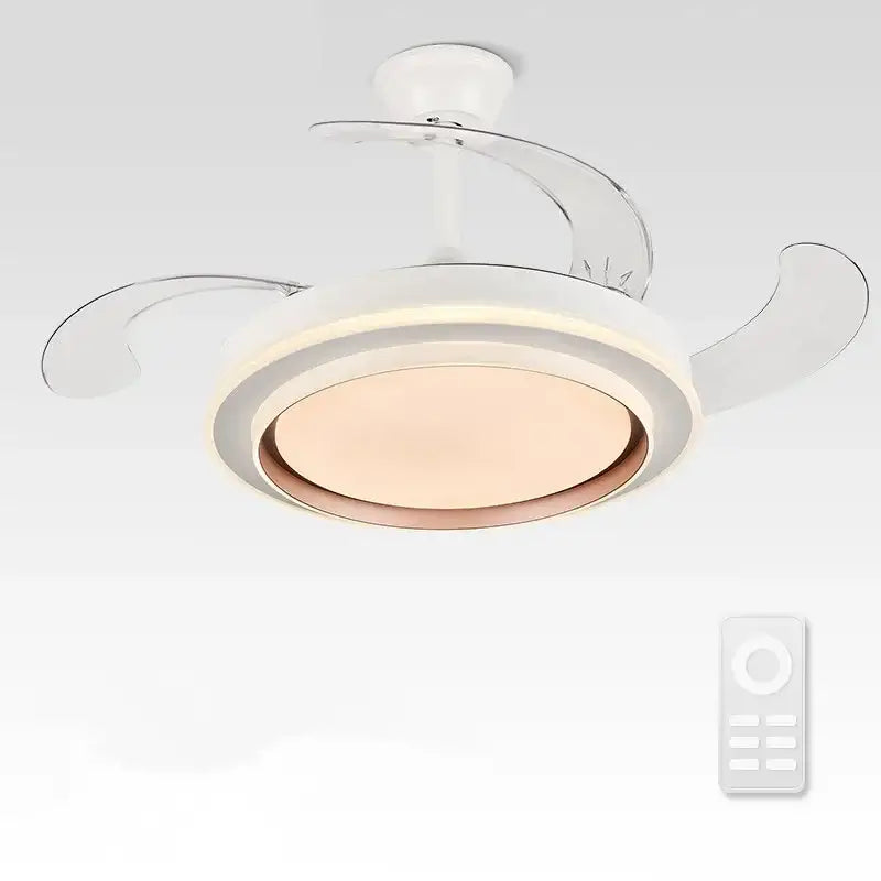 Modern white ceiling fan with chrome finish and integrated led lighting with remote control for bedroom living space