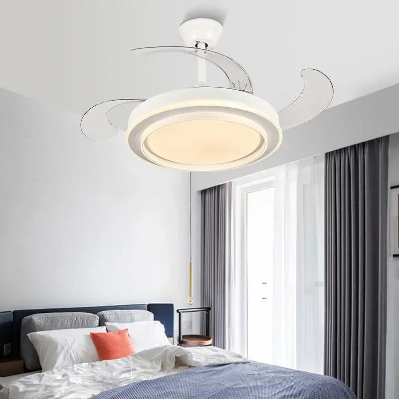Modern white ceiling fan with integrated led lighting, sleek curved blades, and remote control for living space use