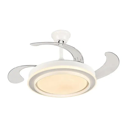 Modern white ceiling fan with sleek chrome blades, integrated led lighting, and remote control for living space use