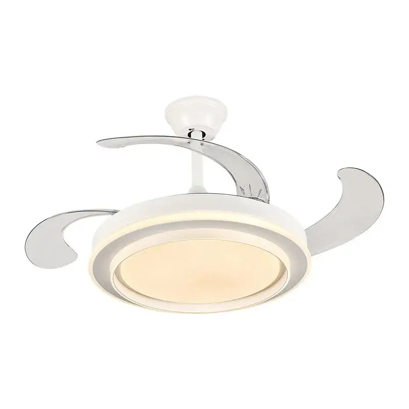 Modern white ceiling fan with sleek chrome blades, integrated led lighting, and remote control for living space use