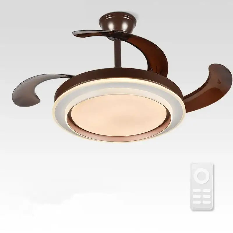 Modern white ceiling fan with remote control, led lights, warm-toned lamp, and three curved dark brown wooden blades