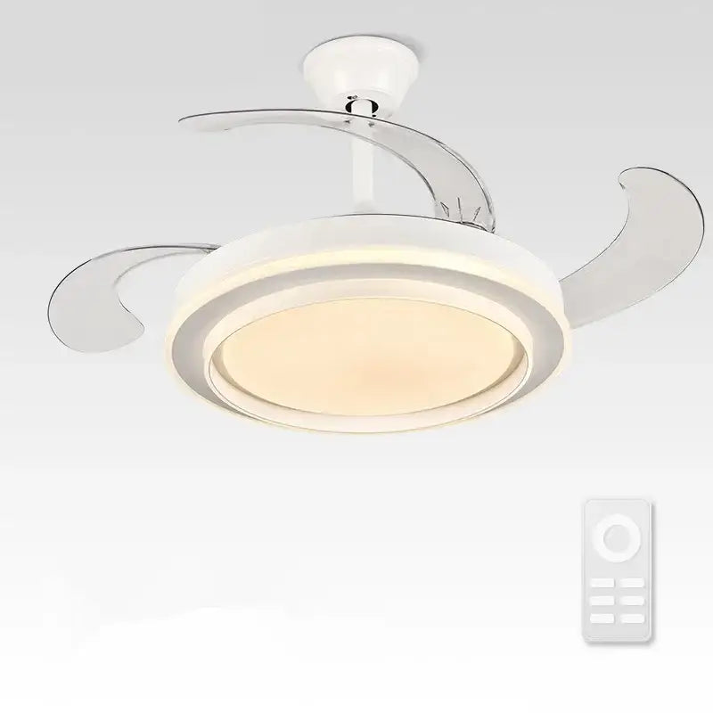Modern white and chrome ceiling fan with integrated led lighting and remote control for bedroom or living space use