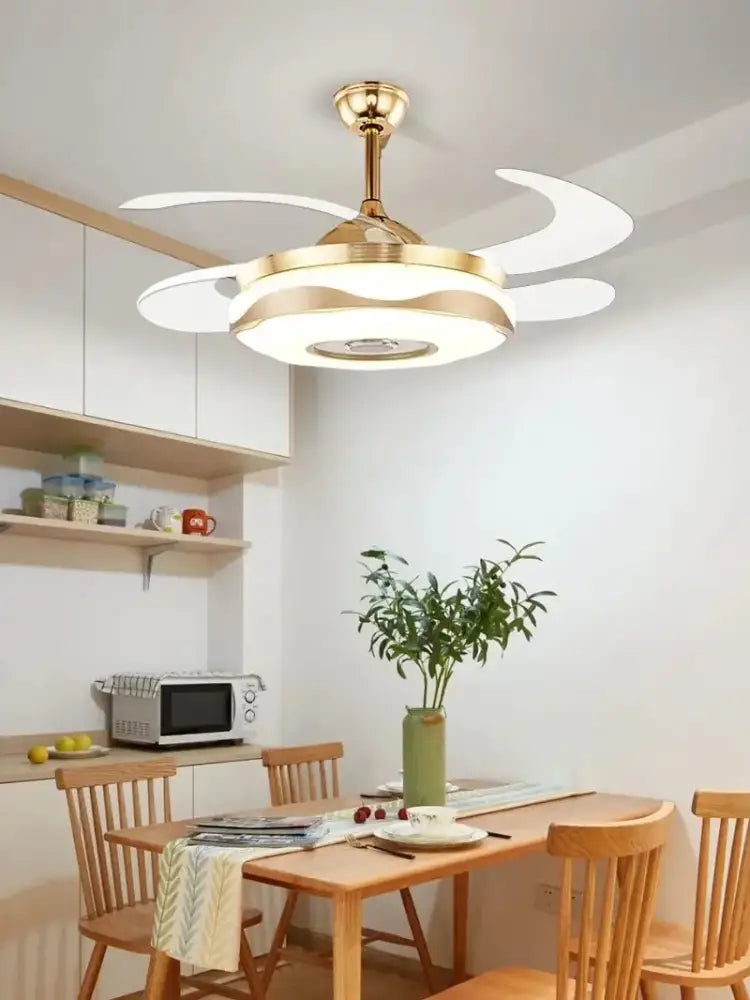 Modern gold bluetooth ceiling fan with integrated rgb lighting and white curved blades for bedroom use