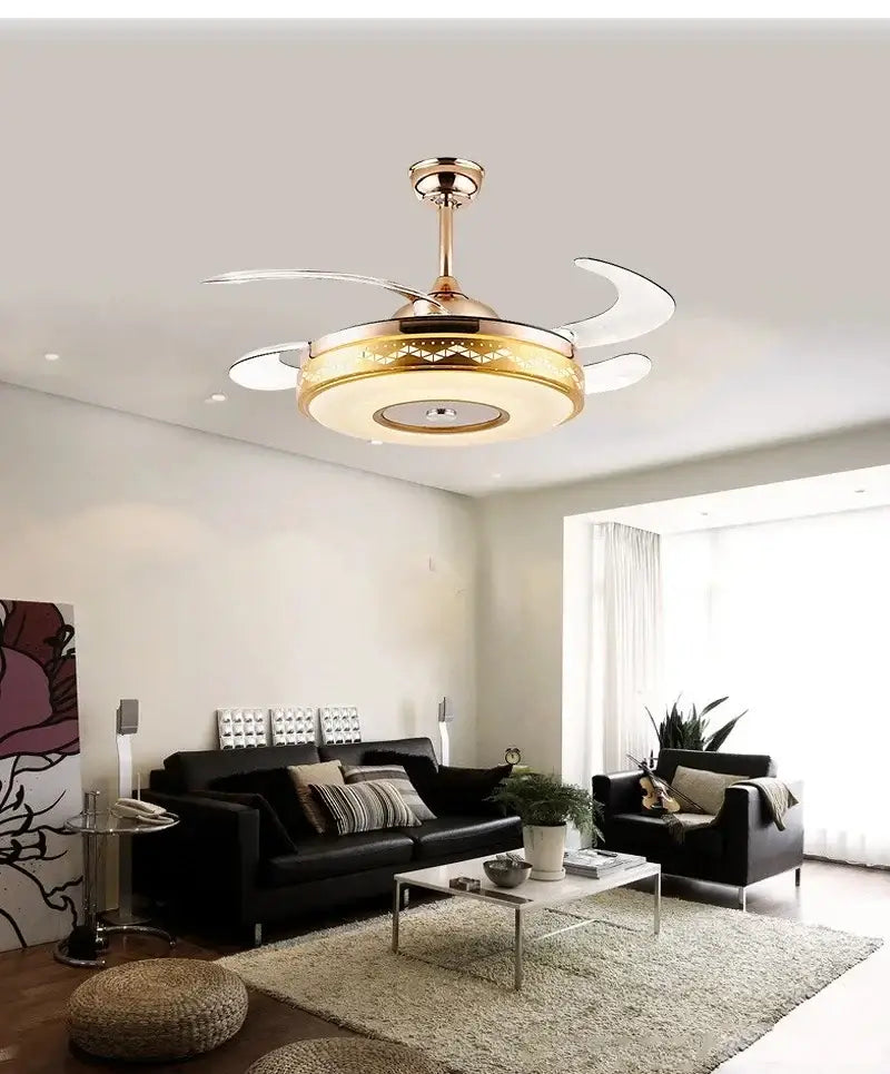 Modern gold bluetooth ceiling fan with integrated rgb color light and sleek curved blades for bedroom use