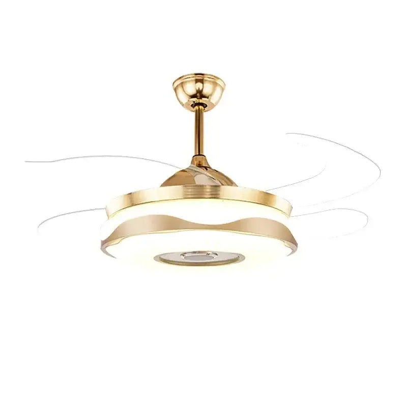 Modern gold bluetooth ceiling fan with integrated led lighting and sleek design for bedroom rgb color light use