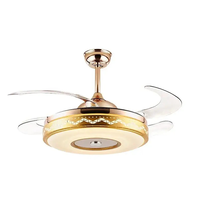 Modern gold bluetooth ceiling fan with integrated rgb lighting and transparent blades for bedroom use