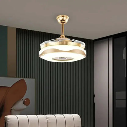 Modern gold bluetooth ceiling fan with integrated led lighting and a circular design for bedroom use
