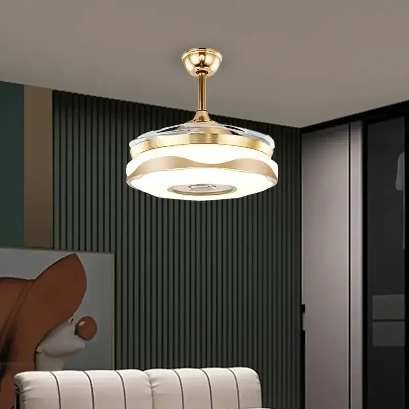 Modern gold bluetooth ceiling fan with integrated led lighting and a circular design for bedroom use