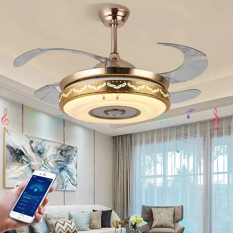 Modern gold bluetooth ceiling fan with integrated rgb lighting and speaker featuring brushed gold and translucent blades
