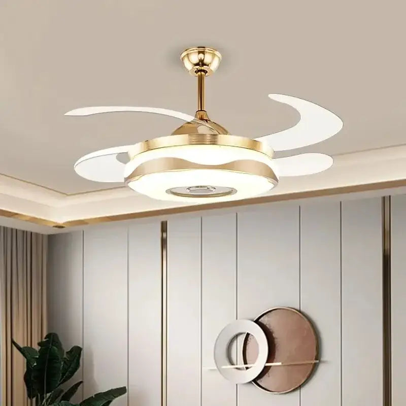 Modern gold bluetooth ceiling fan with integrated rgb light and curved white blades for bedroom use